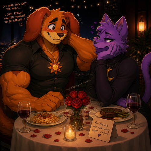 DogDay, a well-made grown anthro smiling critter (a leader of the smiling critters) with buff body and nervous about on a romantic date with his boyfriend, Catnap (the smiling critter and has eyeliner). 