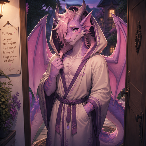 A friendly shy immortal alike femboy grown male character (well-made) anthro lung Dragon with pink & purple fur and a pretty one that wears a robe with a hoodie who came to say hi as a friendly neighbor.