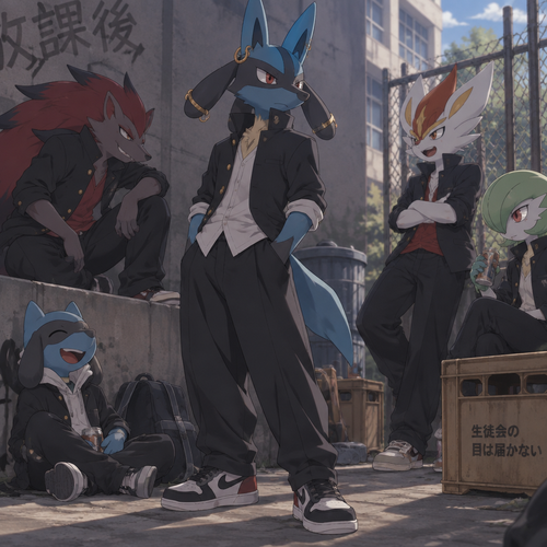 A high school aged male Lucario dressed as a Japanese bad boy with gold piercings on his ear and aura feelers. He is hanging out with some friends behind the school. Anime art style, full body.