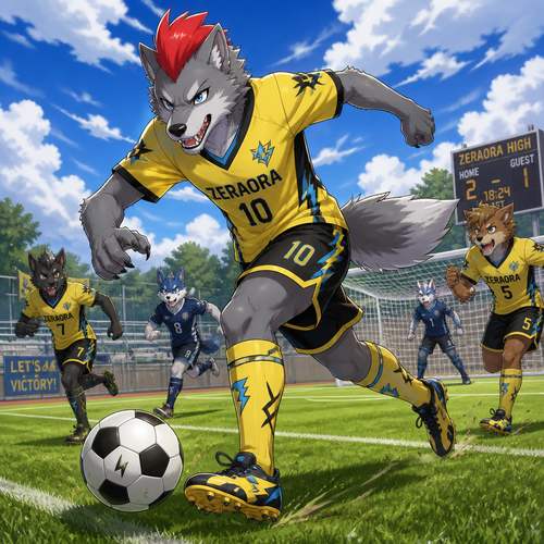 A high school aged male grey dire wolf wearing Zeraora themed soccer uniform, short red mohawk hairstyle. He is out on a soccer field during a partly cloudy day, playing aggressively in a game of soccer with his friends. Anime art style, full body.