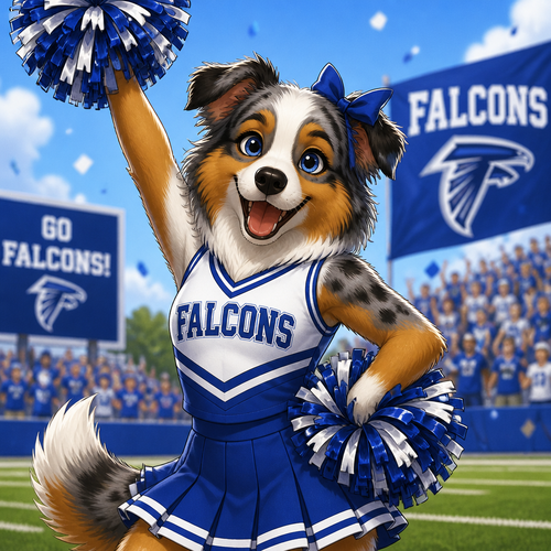 A female Australian shepherd cheerleader in a blue and white uniform cheering for a team called the “Falcons”, animated 