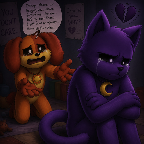 In Smiling critters verse, Dogday tries and begging for an apology for his best friend Catnap, but Catnap looks away and ignoring with feelings hurt and tears with anger and a heart broken.