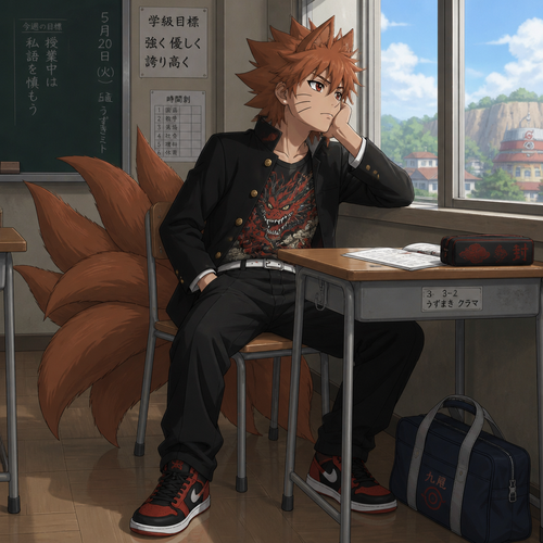 A middle school aged Kurama wearing a gakuran with the top unbuttoned showing off a demon dragon themed shirt underneath. He is sitting at his desk in school bored and looking out the window. Anime art style, full body.