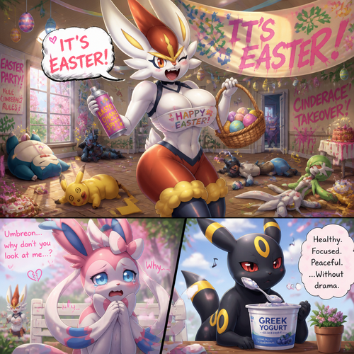 A busty well-made fluffy female Pokemon character, Cinderace. Who celebrates on today’s Easter Day and shouts its Easter! And wrecking up a place like a party girl while other Pokemon are knocked out on a floor by her. A cute but creepy male Sylveon just as sad and irritating about being ignored by a male Umbreon while eating a healthy yogurt ignoring. A anthropomorphic animated verse. Spring.