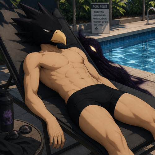 Tokoyami Fumikage wearing black swimsuit and shirtless. Laying on a chair next to a pool sleeping.