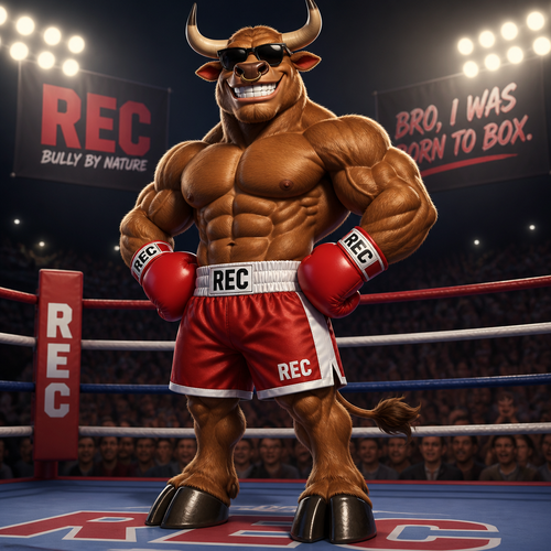 He’s a buff bull boxer who wears red boxing gloves and has big hooves and a sunglasses smile. He wears rec boxing shorts too, 