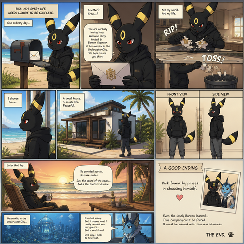 A non-rich grown Umbreon male (named Rick) got the envelope of a billionaire Vaporeon (the lonely Barron) welcoming party at the underwater city mansion from a mail. Decided to rip and toss the pieces of the envelope at the trash can and stay at home. Chooses a home. Lives on a small modern house at the beach. Well-made animated version. A good ending. A anthropomorphic verse. Front and Side view. A comic.