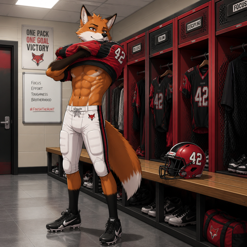A teenage male fox wearing white football pants, black football shoes standing in the locker room putting on a red and black football jersey. We can see 6 pack of abs as he is putting on the jersey while looking over his shoulder. On a bench between the football lockers lies a red and black helmet with the number 42 on the sides. Anime style, full body.