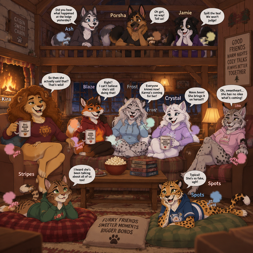 A female anthropomorphic fox named “Blaze” that has farts that smell like different flavors of soda, a female anthropomorphic Canadian lynx named “Jinx” that has farts that smell like different flavors of cake, a female anthropomorphic tabby cat named “Stripes” that has farts that smell like different flavors of taffy, a female anthropomorphic lion named “Kira” with a big mane and has farts smell like different flavors of cupcakes, a female anthropomorphic arctic fox named “Crystal” that has farts that smell like different flavors of chocolate, a female anthropomorphic border collie named “Jamie” that has farts that smells like different flavors of popcorn, a female anthropomorphic German shepherd named “Porsha” that has farts that smell like different flavors of brownies, a female anthropomorphic husky named “Ash” that has farts that smell like different flavors of snow cones, a female anthropomorphic cheetah named “Spots” that has farts that smell like different kinds of sports drinks, and a female anthropomorphic snow leopard named “Frost” that has farts that smell like different flavors of ice cream, they are in a cozy living room in a cabin, Kira is on a recliner on the left side of the couch, Blaze Frost and Crystal are on a couch, Jinx is on a recliner on the right side of the couch, Stripes Spots are on the floor on big cushions, Ash Porsha and Jamie are in the loft above everyone but still talking with everybody, everyone is letting out gentle farts, everyone is gossiping, animated version. 