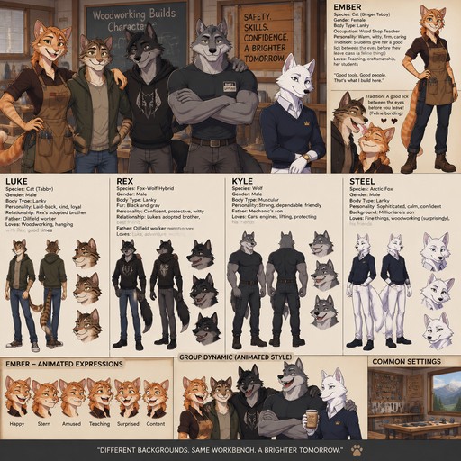 A female anthropomorphic ginger cat named Ember that has a lanky body, is a wood shop teacher, has a tradition that her students give her a good lick between the eyes before they leave class (which is a feline thing), shows her class a lanky male anthropomorphic tabby cat named Luke, a lanky male anthropomorphic fox wolf hybrid named Rex, a muscular anthropomorphic male wolf named Kyle, and a anthropomorphic male arctic fox named Steel, Steel is a millionaire’s son, Kyle is a mechanics son, Rex has black and gray fur, Luke and Rex have their arms around each other’s shoulders because they are best friends, Luke is Rex’s adopted brother, Rex and Luke’s father is a oilfield worker, reference sheet, animated version