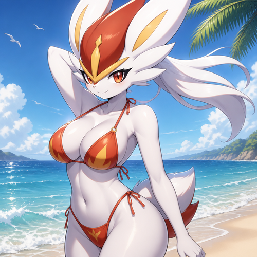 A well-made female Pokemon character, Cinderace. wears bikini and having a nice warm breeze at the beach. 