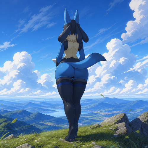 An anthro Lucario with thick thigh highs is standing at the top of a hill enjoying some alone time and looking at the clouds from above. Animated version. back view.