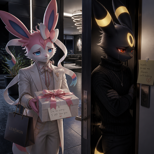 A sad rich male Sylveon, who came to see and offering a gift with a bow on it for apology, Still loves his male Umbreon that wears black sweater standing on a front door inside of his modern house feeling very unhappy and hurt to see and still has a broken heart. In the anthropomorphic universe (well-made).