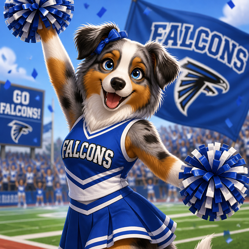 A female Australian shepherd cheerleader in a blue and white uniform cheering for a team called the “Falcons”, animated 