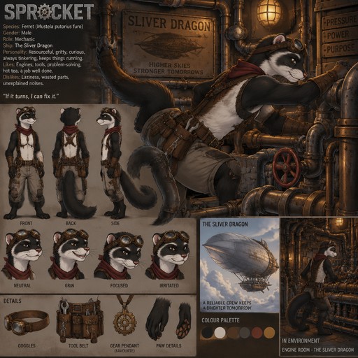 A male anthropomorphic ferret named Sprocket that has black fur and a white underbelly, is the mechanic on a steampunk airship named the “Sliver Dragon”, is twisted around pipes working the engine, is in the ship’s engine room, reference sheet, one big picture