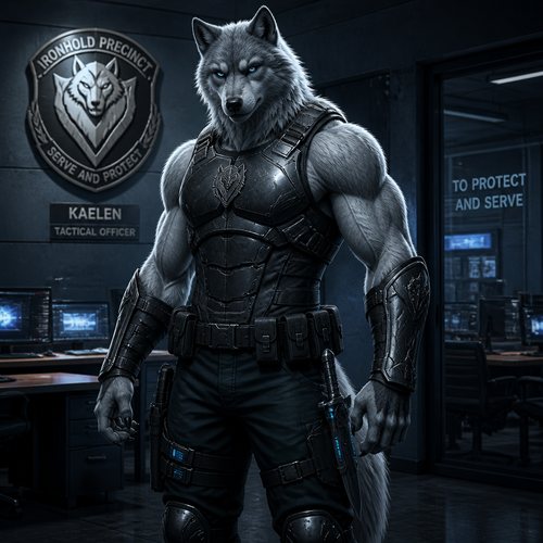 An imposing figure of raw power and disciplined grace. Kaelen possesses a broad-shouldered, muscular physique forged through years of rigorous combat training and physical conditioning. His fur is a sleek, well-groomed silver-grey that shimmers like moonlight under the precinct's fluorescent lights. His most striking feature is his piercing ice-blue eyes, which typically hold a sharp, observant intensity. He carries himself with a military precision. He wears a tactical-fantasy hybrid uniform: a modern, reinforced ballistic medieval armor, sleeveless with bare shoulders, bare arms with bracers. Below the waist, his gear is purely tactical: dark cargo pants, reinforced polymer knee pads, and a modular webbing utility belt loaded with pouches. He is armed simply with a magitek Taser pistol holstered on his thigh and a heavy combat knife on his side.