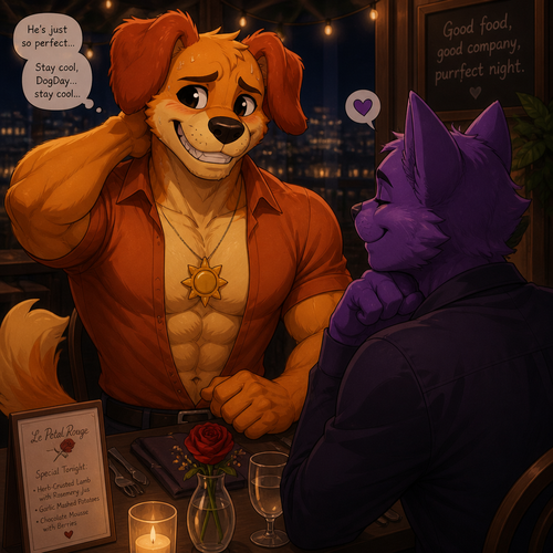 DogDay, a well-made grown anthro smiling critter (a leader of the smiling critters) with buff body and nervous about on a date with his boyfriend, Catnap.