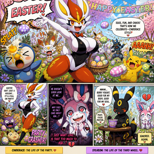 A busty well-made fluffy female Pokemon character, Cinderace. Who celebrates on today’s Easter Day and shouts, EASTER! And wrecking up a place like a crazy party gal while she knocked other Pokemon by throwing eggs at them but A cute but creepy but a gay male Sylveon just as sad and irritating about being ignored by a male Umbreon while eating a healthy yogurt distracted and appreciated. All well-made characters. A dramatic and a funny comedy show. A comic views. Spring season. No mistakes.