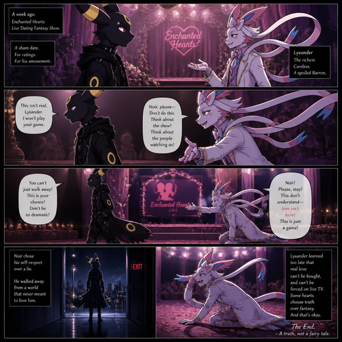 In a well-made anthro Pokemon universe, an non-rich grown brave male half gothic Umbreon named Noir refuses to accept the sham date with a grown richest male Sylveon (the spoiled careless Barron named Lysander) on a live dating fantasy show (in modern life) a week ago and then decided to leave while being begged not to go because love isn’t here. A well-made animated version. A sad but a good truthful ending. A comic. Side view.