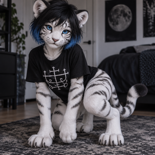 white tiger cub with short black hair with blue ends, digitigrade footpaws, wearing black shirt with Sitri sigil in white, with blue eyes