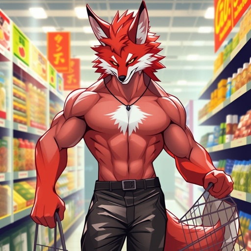 Crimson fox guy with white chest tuft, with abs and a slim figure, at a grocery store shirtless, with leather pants, fully body image