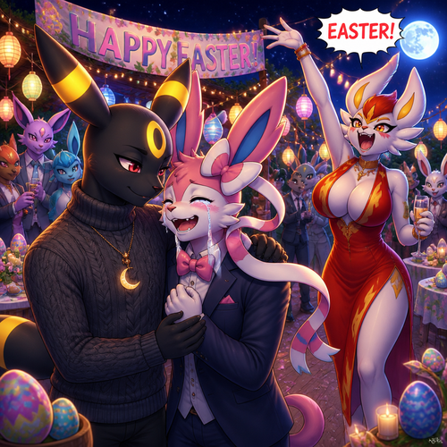 In a anthropomorphic universe, on today’s Easter in spring, an male Umbreon that wears a sweater and a well-made elegant moon pendant necklace that forgave a male Sylveon that wears an elegant suit with tears of joy while a crazy busty female Cinderace is having a blast and shouts EASTER! At night in a party.