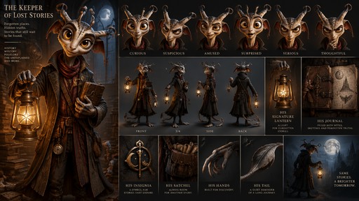 # CHARACTER CREATION PROMPT — THE KEEPER OF LOST STORIES

Create an original, highly recognizable anthropomorphic character called **The Keeper of Lost Stories**, designed to be the permanent host of a cinematic storytelling and documentary channel.

## 1. Core concept

The Keeper is a mysterious, intelligent, charismatic creature who collects forgotten stories from an ancient archive. He guides the audience through horror legends, unexplained mysteries, historical events, folklore, strange facts and forgotten traditions.

He should feel like a combination of an enigmatic storyteller, a clever investigator and a charmingly eccentric archivist.

He is NOT a generic horror monster, a typical old man with a beard, a monkey, or an ordinary cat or wolf. Invent a distinctive original creature with its own anatomy, silhouette and personality.

Give him subtle nocturnal characteristics, expressive eyes and a few elegant, unusual details that suggest he has spent centuries discovering secrets. His appearance should be intriguing rather than frightening, intelligent rather than intimidating, and occasionally amusing without looking childish.

## 2. Physical appearance

Design a stylized anthropomorphic character with:

- A distinctive head shape and immediately recognizable silhouette.
- Large, highly expressive eyes capable of conveying curiosity, suspicion, amusement, surprise, fear and seriousness.
- A flexible mouth and clearly readable facial expressions, suitable for dialogue and automatic lip-sync.
- Articulated arms, hands and fingers for expressive storytelling gestures.
- An elegant, slightly eccentric archivist's coat with layered fabrics, subtle antique details and a few unique accessories.
- A small leather journal containing mysterious notes and sketches.
- An antique brass lantern emitting a warm amber glow, his signature object.
- One unmistakable visual symbol incorporated into his clothing, such as an unusual brass insignia representing a lost story.

His pr