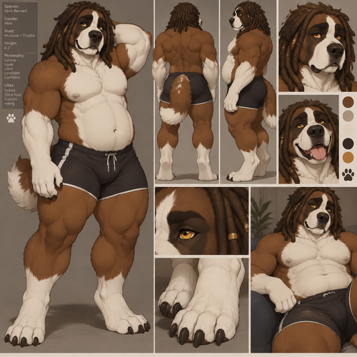 male anthro saint bernard, brown fur with white belly chest and arms, thick thighs, muscular, chubby, yellow eyes, plantigrade footpaws, brown dreadlocks