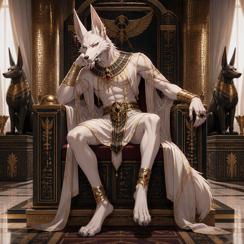 A male anthropomorphic albino jackal wearing an Egyptian prince outfit with gold bracers, ruby earrings, and obsidian rings. He is sitting on a throne bored. Anime art style, full body.