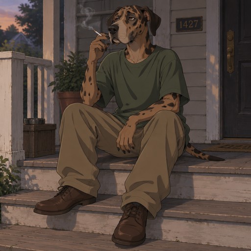 A high school aged male Great Dane with brown fur and black spots wearing a loose green t-shirt, brown baggy khaki pants, and brown leather shoes. Sitting on the porch smoking a cigarette. Anime art style, solo, full body.