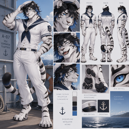 Male, anthro white tiger, digitigrade footpaws, thick black hair with blue tips, blue eyes, sailor animate
