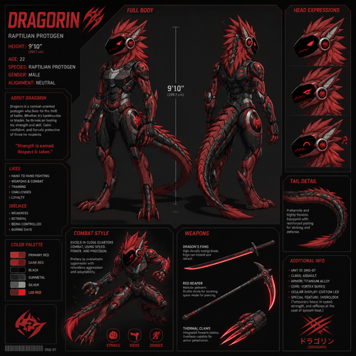 A young light red male raptilian protogen that’s mostly machine. Reference sheet, height of 9 foot 10 inches, likes hand to hand fighting and weapons. Has the name of Dragorin. Anime art style.