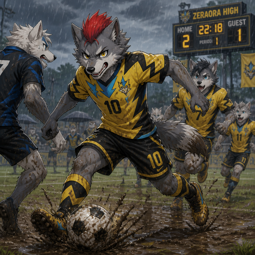 A high school aged male grey dire wolf wearing Zeraora themed soccer uniform, short red mohawk hairstyle. He is out on a soccer field during a rainy day, causing the field to get muddy, playing aggressively in a game of soccer with his friends. Anime art style, full body.