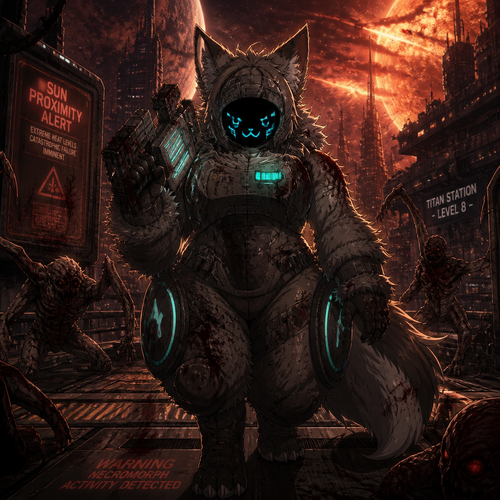 A thick fluffy Protogen in Dead Space universe, carrying a plasma cutter for self defense and fighting for survival in a city in space, close to the planet and near the sun. A well anime version. A sci-fi horror. Front view. Scary art view.