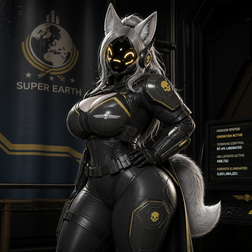 Well made, nothing weird or misplaced, and not very confusing. A female protogen character. Busty. Thick thighs with big butt. wearing armor from the game Helldivers 2. A fine looking. Very mature looking adult.