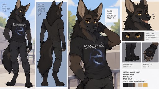 male, maned wolf, black fur, Gold eyes, digitigrade footpaws, black Evanescence shirt, black pants, fingerless black gloves