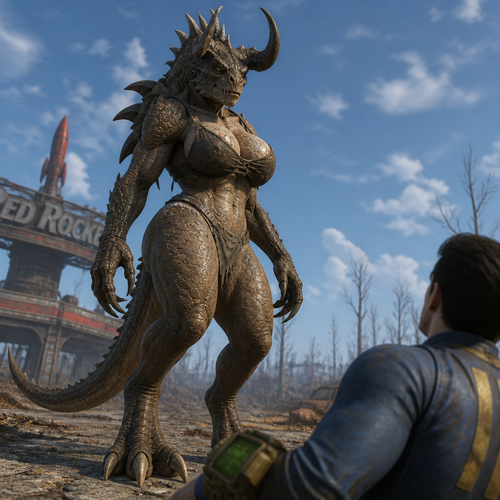 A well-made large female character from fallout 4, an anthro Deathclaw who sees a human.