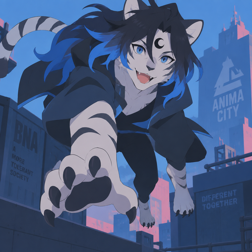 male, anthro, white tiger, long black hair with bright blue tips, black crescent on forehead, blue eyes, digitigrade footpaws, BNA Brand New Animal style, slim, pouncing Shiro, happy