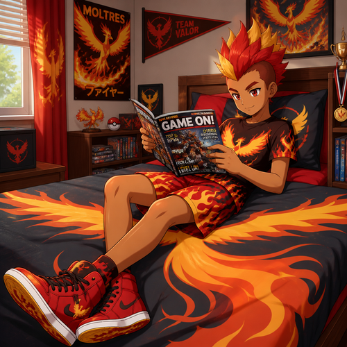 A middle school aged male Phoenix wearing Moltres themed shirt, fire themed shorts, red high top shoes, and a plumage mohawk hairstyle. He is laying on his bed reading a gaming magazine. Anime art style, solo, full body.