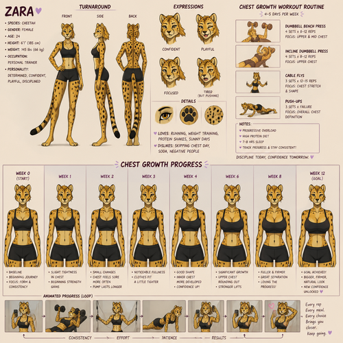 A female anthropomorphic lanky cheetah, reference sheet, shows progress of exercise she’s doing to make her chest bigger, animated version 