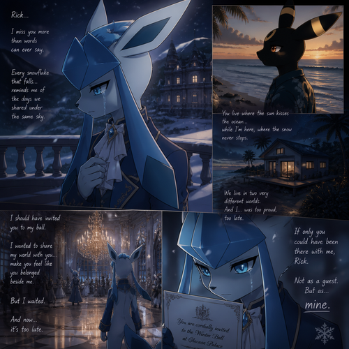 In an anthropomorphic Pokemon universe, A sad Glaceon (the adult Barron with no name) who lives in a snowy land and misses a non-rich grown Umbreon male who lives in a small modern house at the beach in Hawaii named Rick, and wishes to see him again. Well-made anime version. Knew that he should invited Rick at his ballroom but it’s already too late. More than a friend.