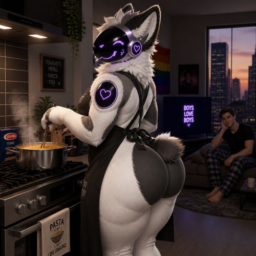 A well-made homosexual fluffy gay Protogen male character who lives in a modern apartment with his human and waiting while cooking some pasta dinner. Has thick thighs, wide hips, big butt, and has short tail also wears an apron.