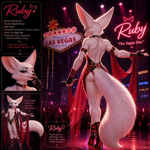 A well-made white furred fennec Fox male named Ruby, wears something attractive for entertainment for a show by self to dance/sing. Wears eyeliner and lipstick. Has a bushy tail. A grown femboy anthro. A star in Las Vegas. Well groomed. Back view. Animated verse. Has good personality.