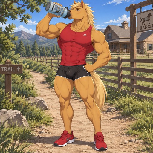 A male golden mustang wearing tight black short shorts restraining a big bulge, tight red muscle shirt, and red running shoes. Standing along a trail located behind his ranch house drinking from a big Machamp themed water bottle.Anime art style, solo, full body.