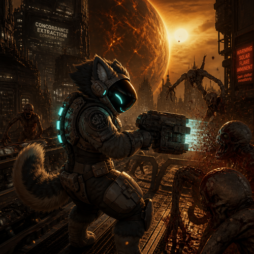 A thick fluffy Protogen in Dead Space universe, carrying a plasma cutter for self defense and fighting for survival in a city in space, close to the planet and near the sun. A well animated version. A sci-fi horror.