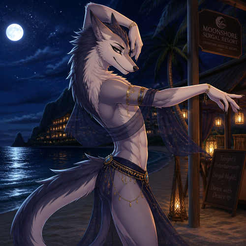 A homosexual adult male Sergal, doing a belly dancer, has good hips and a pretty smile, wears eyeliner, at the beach at night, and works at a resort on the island. Giving a flirting look. In an animated verse. A hidden bulge. Side view.