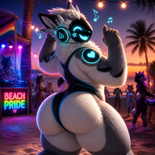A well-made happy fluffy gay Protogen (male character) with thick thighs and a huge butt also has no tail that wears a swimsuit that dances with hips while listening to music at the party of a beach at dusk. 