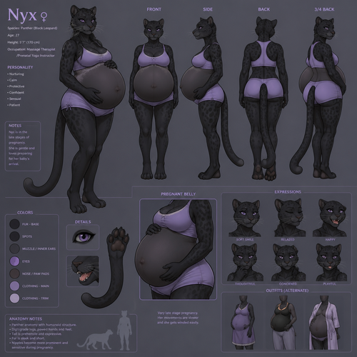 A female anthropomorphic panther that is heavily pregnant, reference sheet, animated version 