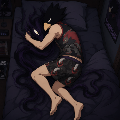 Tokoyami Fumikage wearing loose Darkrai themed underwear and Zoroark themed sleeveless shirt. He is sleeping on his bed, cuddling with his quirk, Dark Shadow. Anime art style, solo, full body.