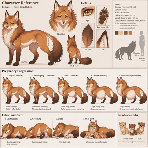 A female quadruped fox lion hybrid, reference sheet, show the progress of pregnancy from beginning to birth, anime art style 